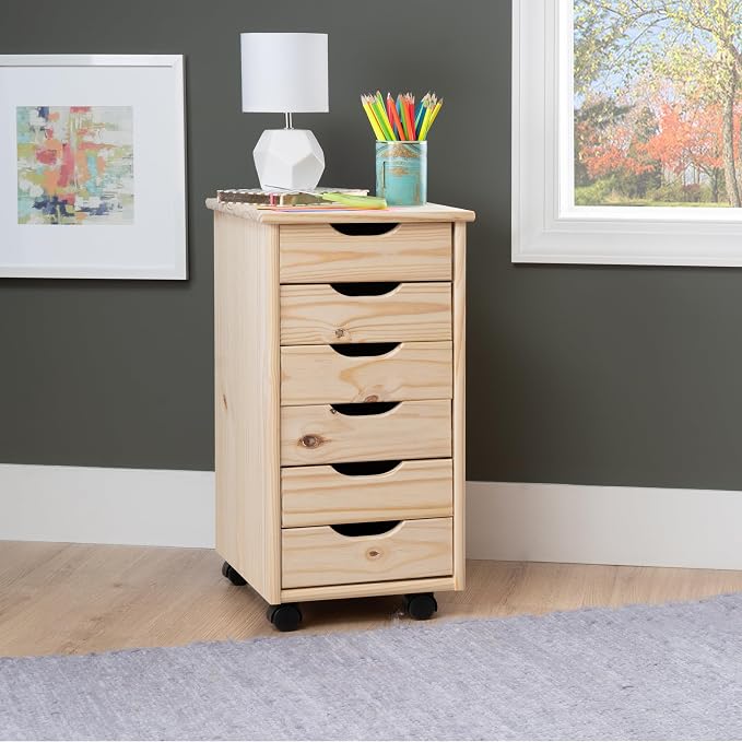 Linon Corinne Unfinished Six Drawer Wooden Rolling Storage Cart - Image 2