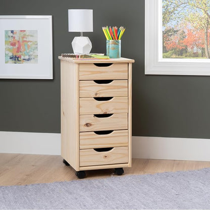 Linon Corinne Unfinished Six Drawer Wooden Rolling Storage Cart - Image 2