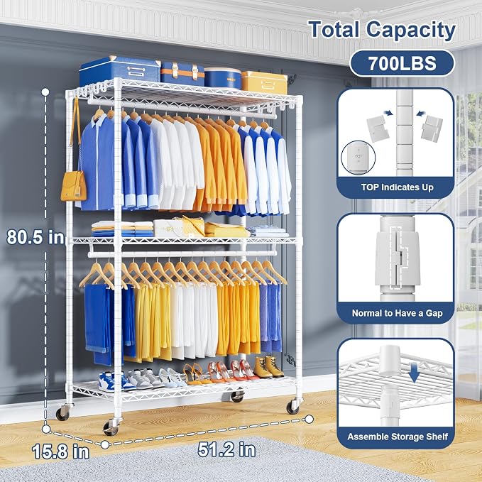 P8 Heavy Duty Clothes Rack（With Extended Width Design） Rolling Clothing Racks - Image 2