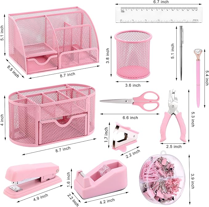 17 in 1 Pink Desk Organizers and Accessories Set, 3 Office Desk Supplies - Image 2