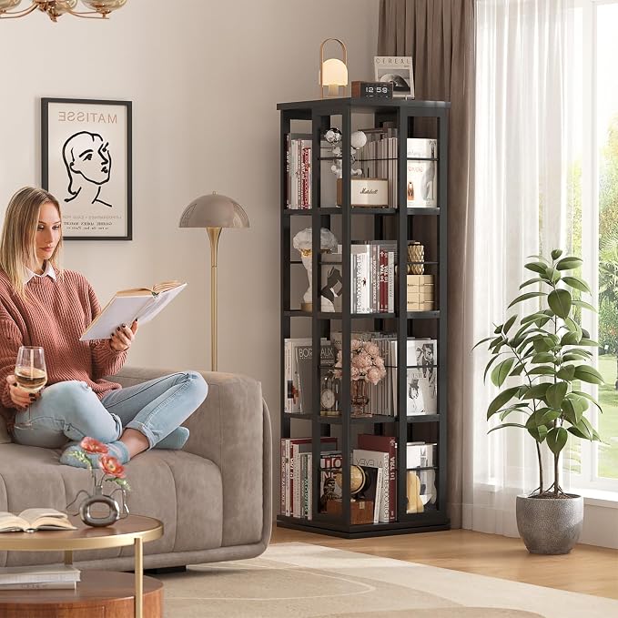 Aheaplus Rotating Bookshelf, Corner Bookshelf, 360 Display Wood Spinning - Image 2