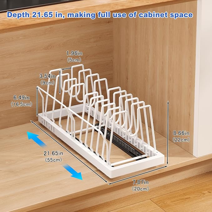 Pots and Pans Organizer Under Cabinet, 21.6" Deep Pull Out Pot Lid Organizer - Image 6