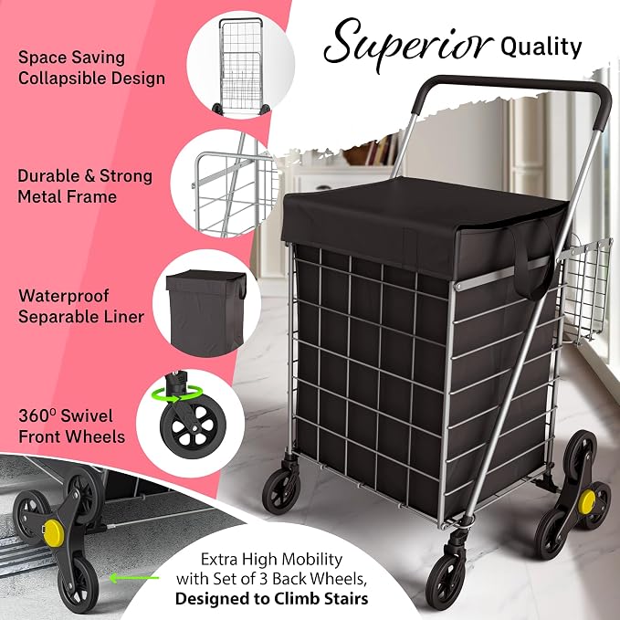 Stairs Climbing Shopping Cart w/Waterproof Basket Liner & 360° Swivel Wheels | - Image 3