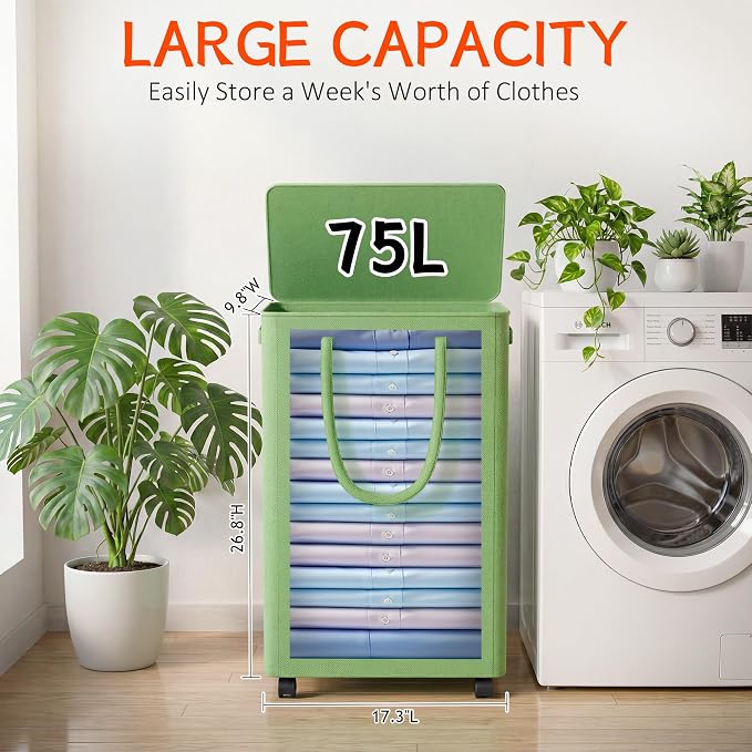Slim Laundry Hamper with Wheels, 20 Gal Rolling Laundry Basket with lid and - Image 2
