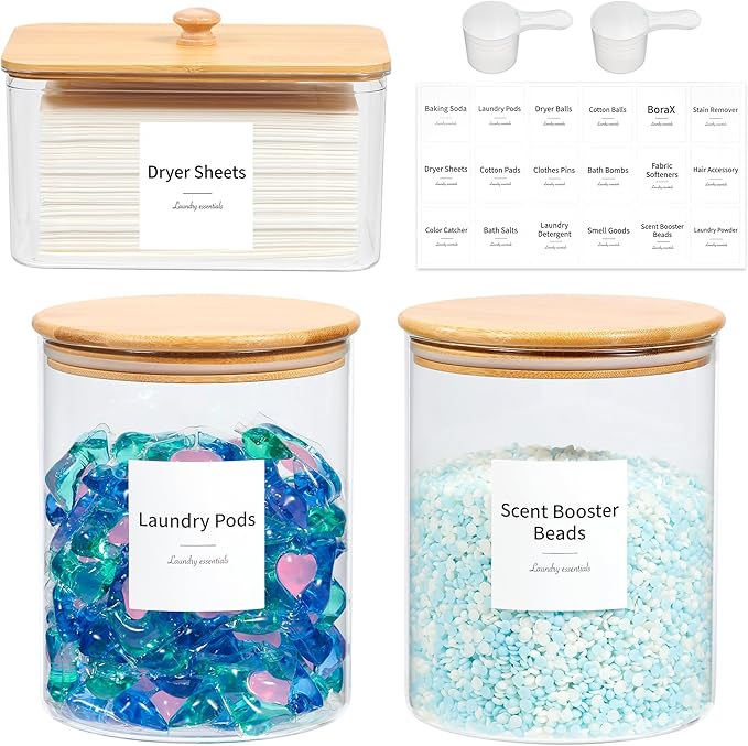 Glass Laundry Pods Container & Acrylic Dryer Sheet Holder by KitHero