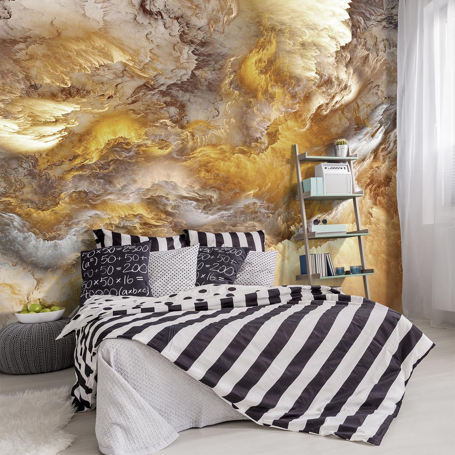 -Golden Clouds Ceiling Fabric Wallpaper Living Room Bedroom Bathroom Modern Boys Girls Kids Room Abstract Large Mural- 137"x96"（ not Peel and Stick）