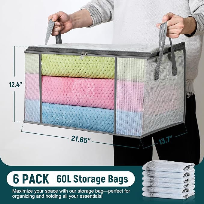 LANDNEOO 6-Pack Clothes Storage Bags, Plastic Foldable Blanket Storage bins - Image 2