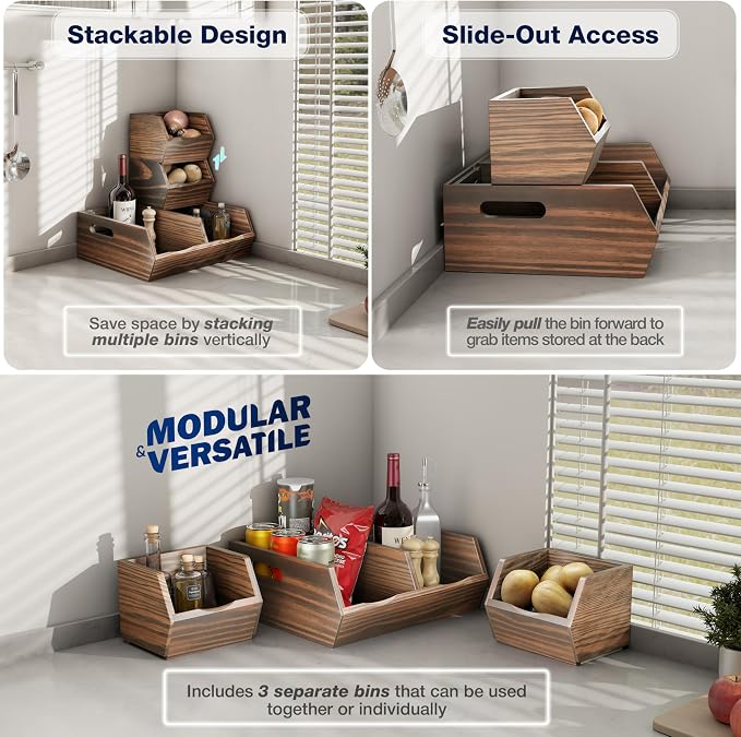 Acacia Wood Pantry Storage Bins – Stackable Open Front Kitchen Baskets - Image 5