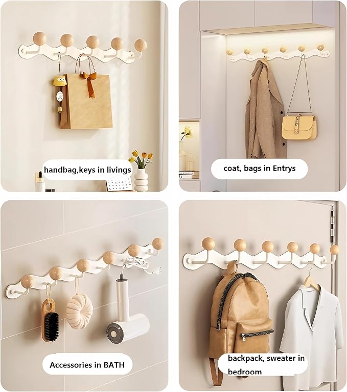 Coat Rack Wall Mounted, Anti-Tear Wooden Ball Hook Rail, Heavy Duty Metal Coat - Image 6