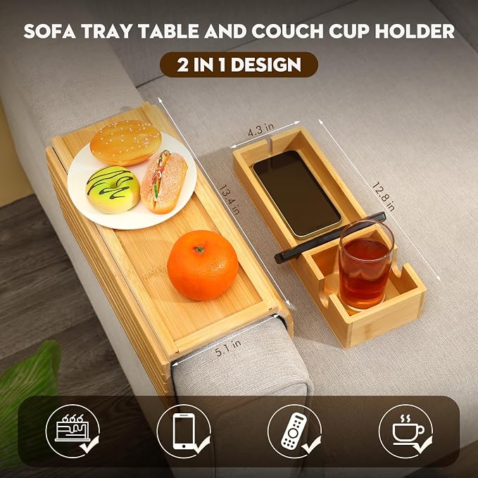Bamboo Couch Arm Tray with Detachable Cup Holder, 2 in 1 Foldable Anti-Falling - Image 3