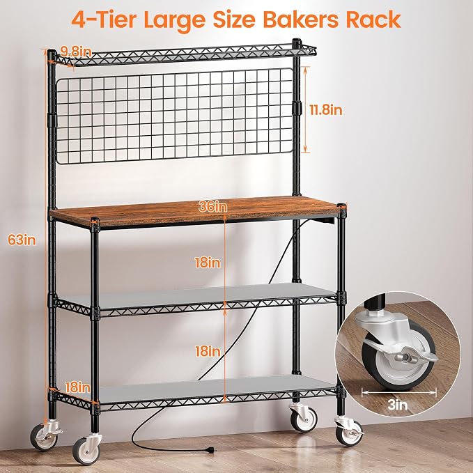 Leteuke Bakers Rack with Power Outlet & Storage, 36 Inch Microwave Stand - Image 3