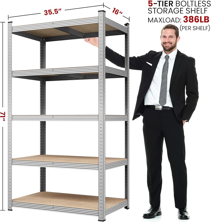 Yaheetech 5-Tier Heavy Duty Storage Shelves 35.5" W x 16" D x 71" H Silver | - Image 3