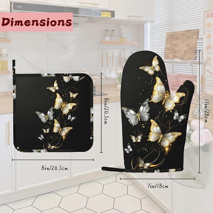 Golden Butterfly Heat-Resistant Silicone Oven Mitts and Pot Holders 4 Piece Set - Image 2