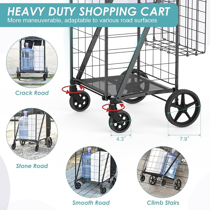 Upgraded Shopping Cart for Groceries, 330LBS Jumbo Grocery Cart | Waterproof - Image 3