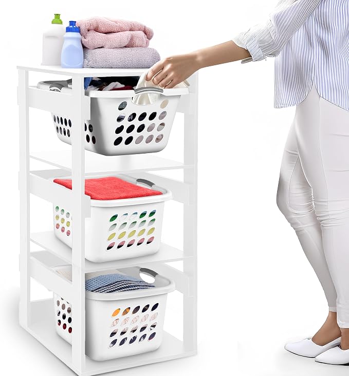 Laundry Basket Holder Shelf – Stackable Engineered Wood Laundry Tower, Tiered by LeapOak