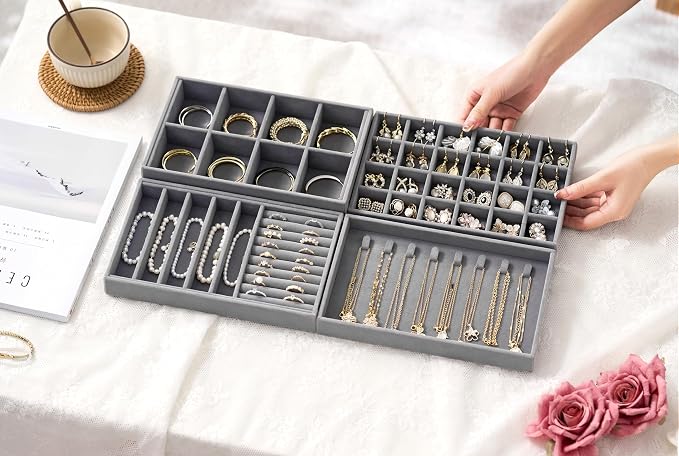 Velvet Jewelry Drawer Organizer Trays – Grey Stackable Jewelry Storage Inserts - Image 2