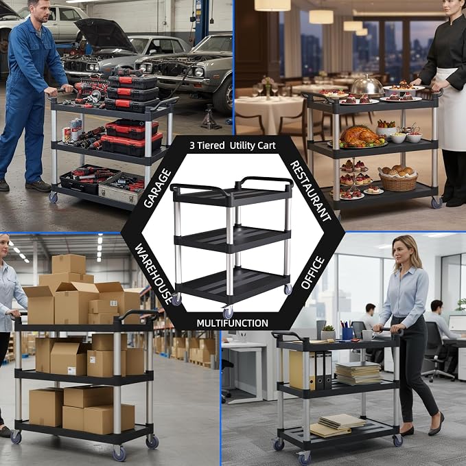 3 Tier Rolling Cart with Hair-Proof Wheels, Plastic Utility Service Cart - Image 7