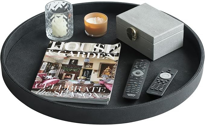 HofferRuffer Large Round Serving Tray 24'', Elegant Faux Leather Circle Ottoman - Image 4