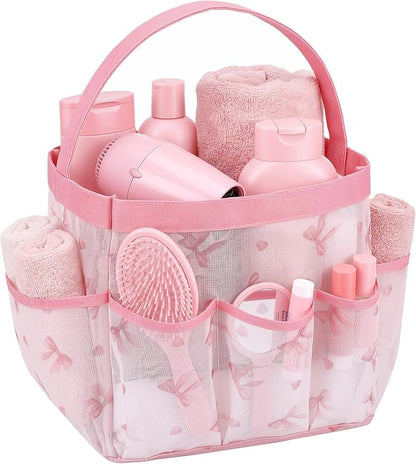 Pink Bow Mesh Shower Caddy for College Dorm Room, Coquette Preppy Hanging by Anglechic