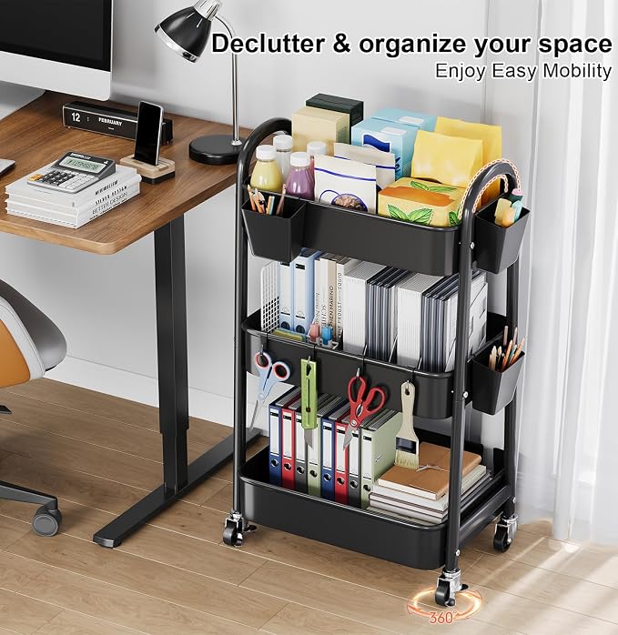 3 Tier Rolling Cart Metal with Wheels, Heavy Duty Three Tiered Rolling Storage - Image 5
