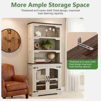 70 Inch Farmhouse Bookcase, Distressed White and Walnut Two-Tone Shelves - Image 4