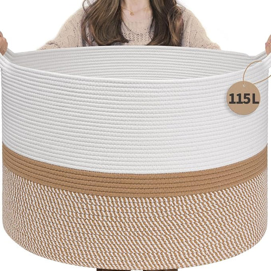INDRESSME 115L Extra Large Cotton Rope Basket, Woven Baby laundry Blanket Basket by INDRESSME