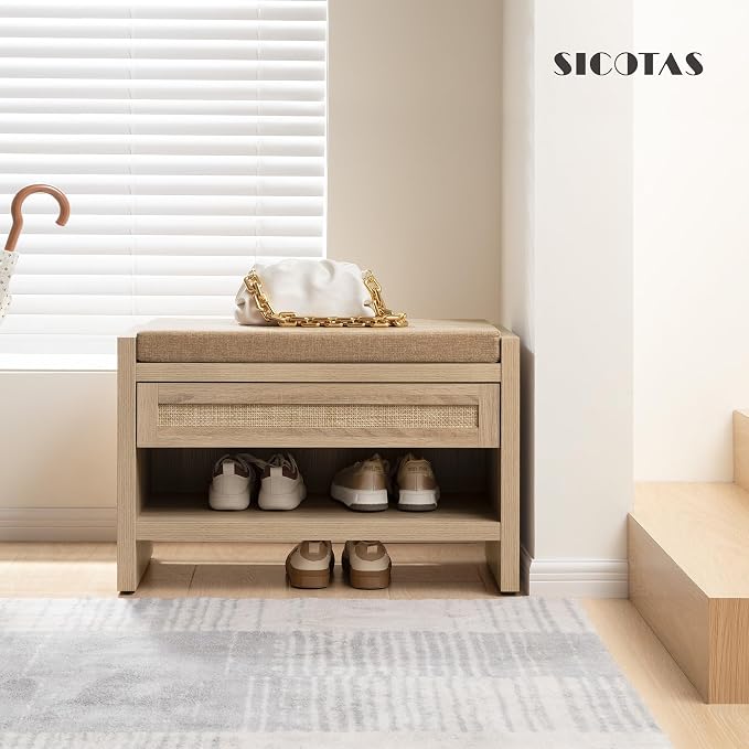 SICOTAS Rattan Shoe Bench Entryway Bench - Image 6