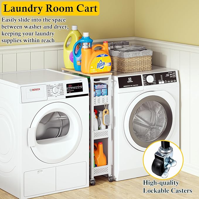 Utility Slim Storage Cart, 4 Tier Small Rolling Kitchen Laundry Room Cart - Image 2
