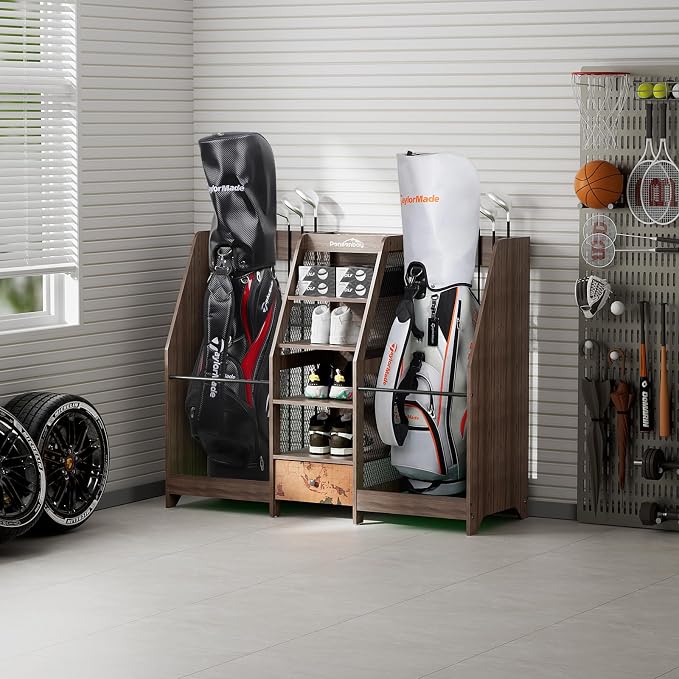 Golf Bag Storage Organizer for Garage, Premium Wooden 2 Golf Bags Rack - Image 9