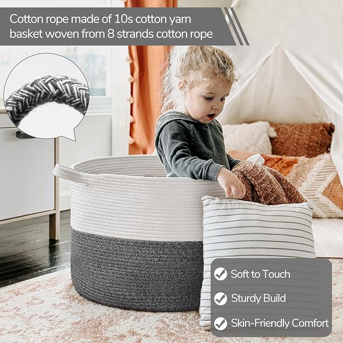 INDRESSME XXXLarge Cotton Rope Basket 21.7" x 21.7" x 13.8" Woven Baby Laundry - Image 2