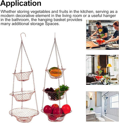 Yardwe 3-Tier Copper Hanging Fruit Basket Foldable Wire Hanging Basket - Image 5