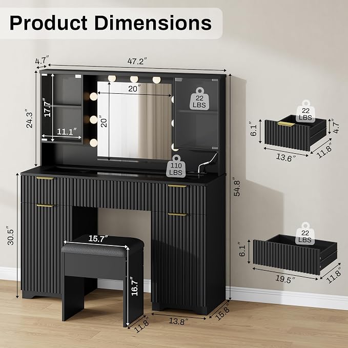 ONME 47.2" Fluted Makeup Vanity Desk - Image 7