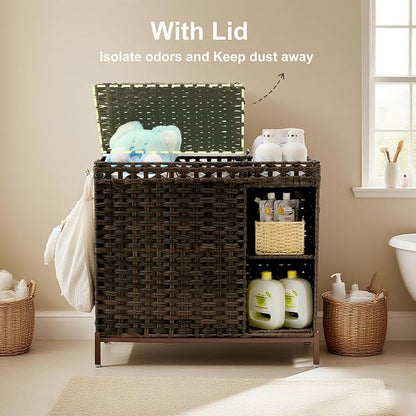 Laundry Hamper with Lid, 110L Rattan Laundry Hamper 2 Section with 50L Storage - Image 2