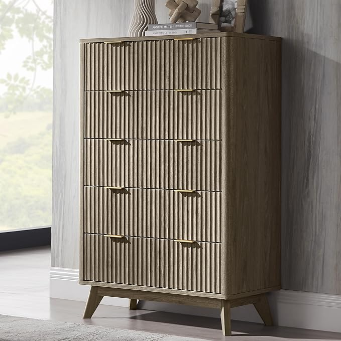 T4TREAM Fluted 5 Drawers Dresser, Curved Profile Design, Wood Drawer Organizer by T4TREAMFurniture