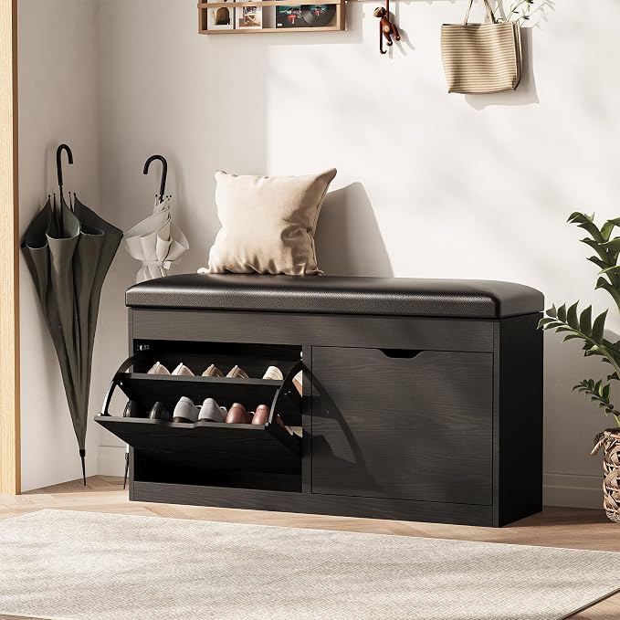 40" Shoe Storage Bench with Flip Drawers Padded Seat Cushion, Shoe Cabinet with by Astimey