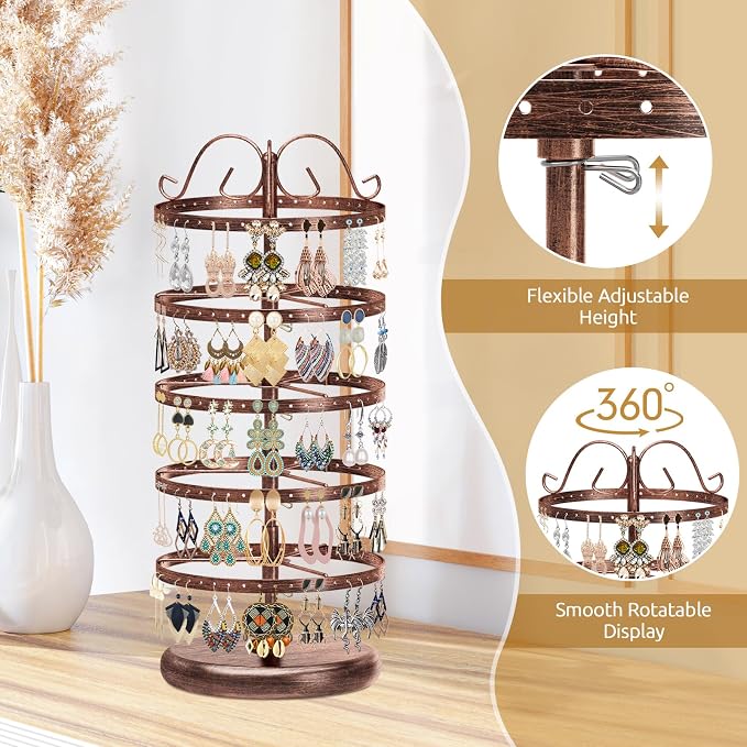 MODOWEY Rotating Earring Holder Organizer Stand, 5 Tiers Metal Tree, Bronze | - Image 4