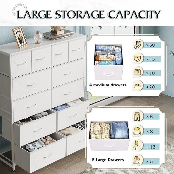 WLIVE 12 Drawer Tall White Fabric Dresser Bedroom Storage Chest | White tall - Image 5