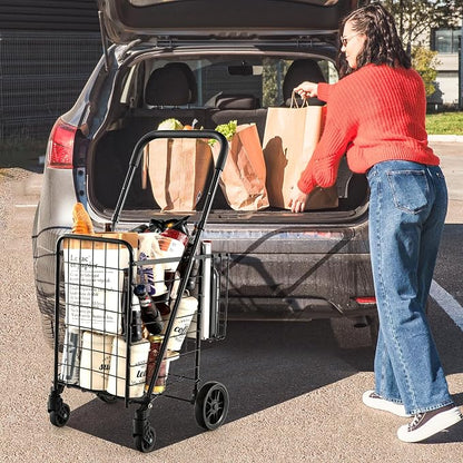 Goplus Folding Shopping Utility Cart, Double Basket and 360° Swivel Wheels - Image 2