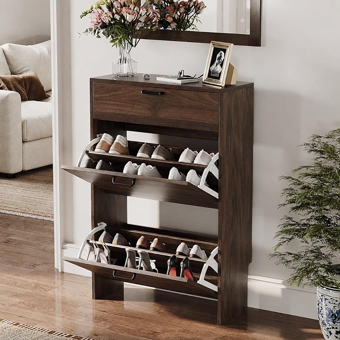 VINGLI Set of 2 Walnut Shoe Cabinet - Image 4