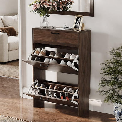 VINGLI Set of 2 Walnut Shoe Cabinet - Image 4