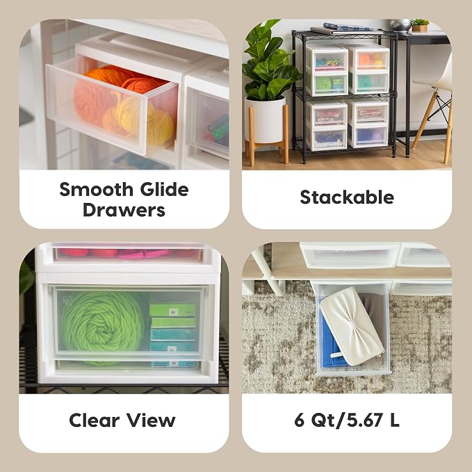IRIS USA 6 Qt. Plastic Drawer Storage Organizer Stacking Drawers, Stackable Unit - Image 4