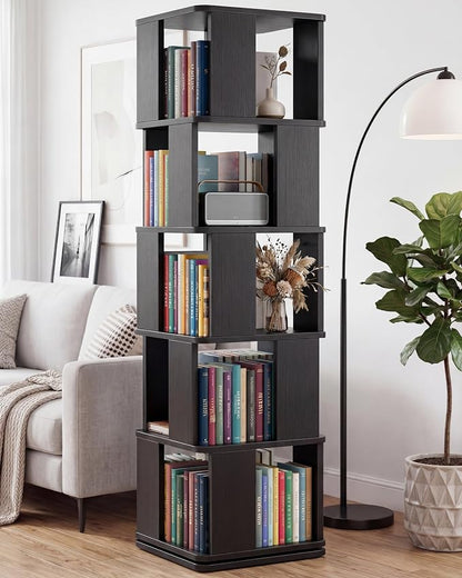5-Tier Rotating Bookshelf Tower, 360° Square Spinning Book Shelf | Floor by Foxemart
