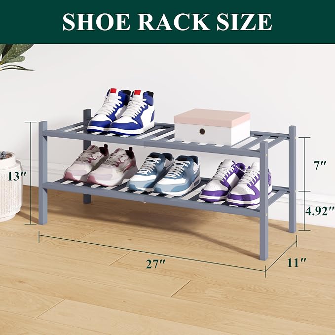 Smiry Bamboo Shoe Rack for Closet, 2 Tier Wooden Stackable Shoe Organizer - Image 2