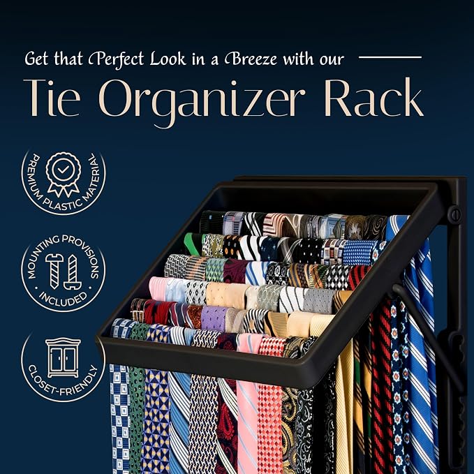 TieMaster Tie Rack and Scarf Organizer, Battery-Free Design, Holds 60 Ties and - Image 2