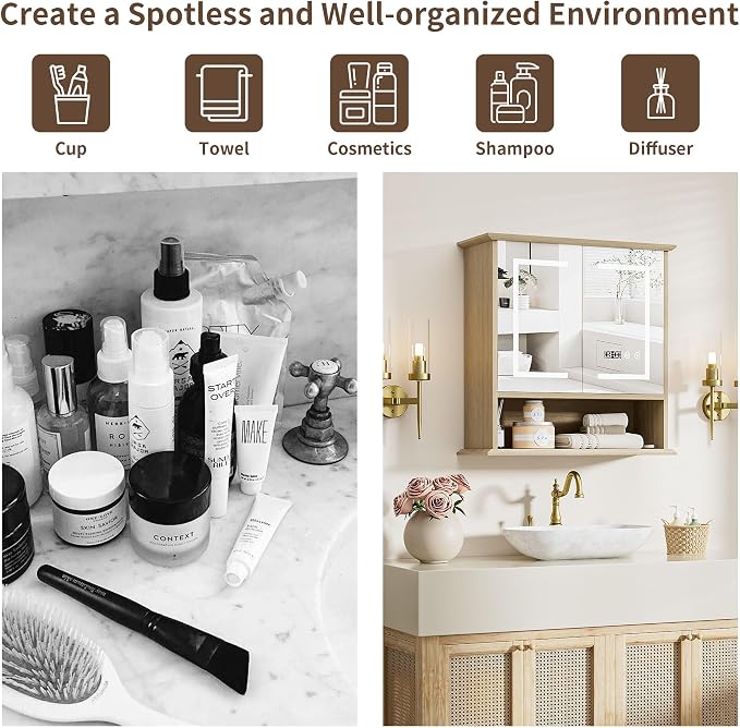Bathroom Medicine Cabinet with Mirror, Lighted Wall Storage Cabinet, Oak | 21" - Image 7