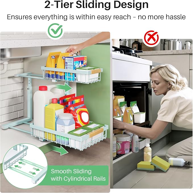 Kitstorack Under Sink Organizer, 2 Tier Under the Sink Storage, Slide out Pull - Image 3