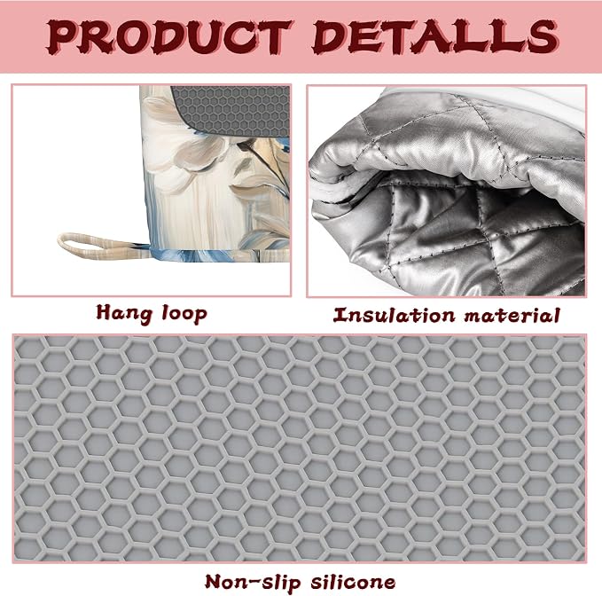 Flower Heat-Resistant Silicone Oven Mitts and Pot Holders, Flower on Marble Art - Image 3