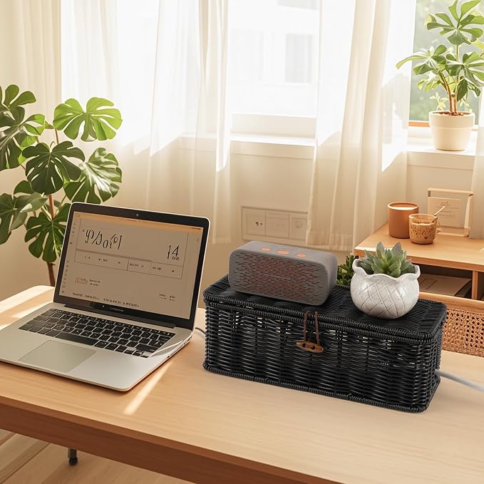 Cable Management Box, Handwoven Faux Rattan Cord Organizer Box - Image 7