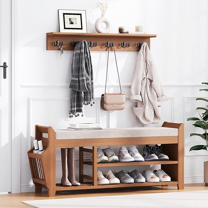 PETKABOO 39.4" Shoe Bench with Coat Rack Hidden Drawer and Side Holder by PETKABOO
