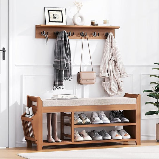 PETKABOO 39.4" Shoe Bench with Coat Rack Hidden Drawer and Side Holder by PETKABOO